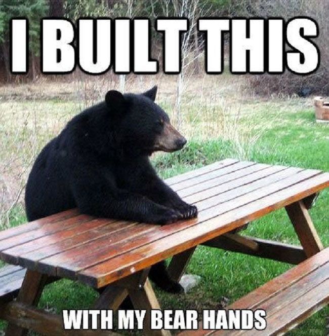 a bear sits at a picnic table with the text "I built this with my own bear hands" over it