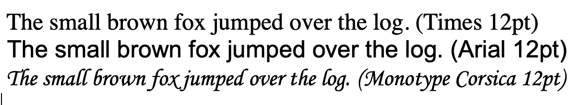 This example shows the same sentence using various font choices at 12 points. The sans-serif is the easiest to read.