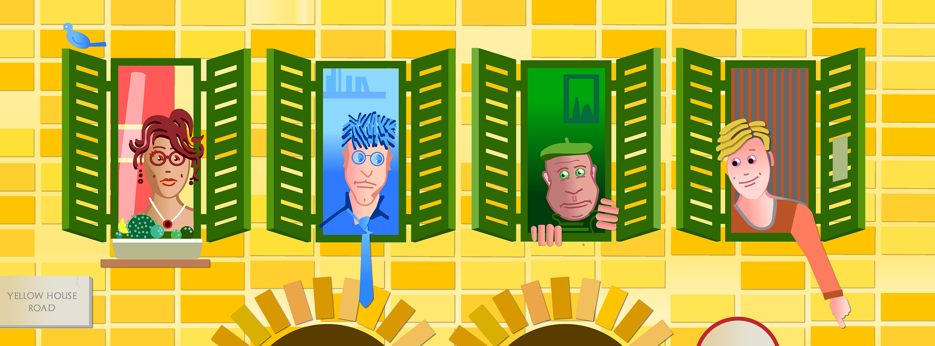 illustration of four people looking out of windows from their apartments next to each other,